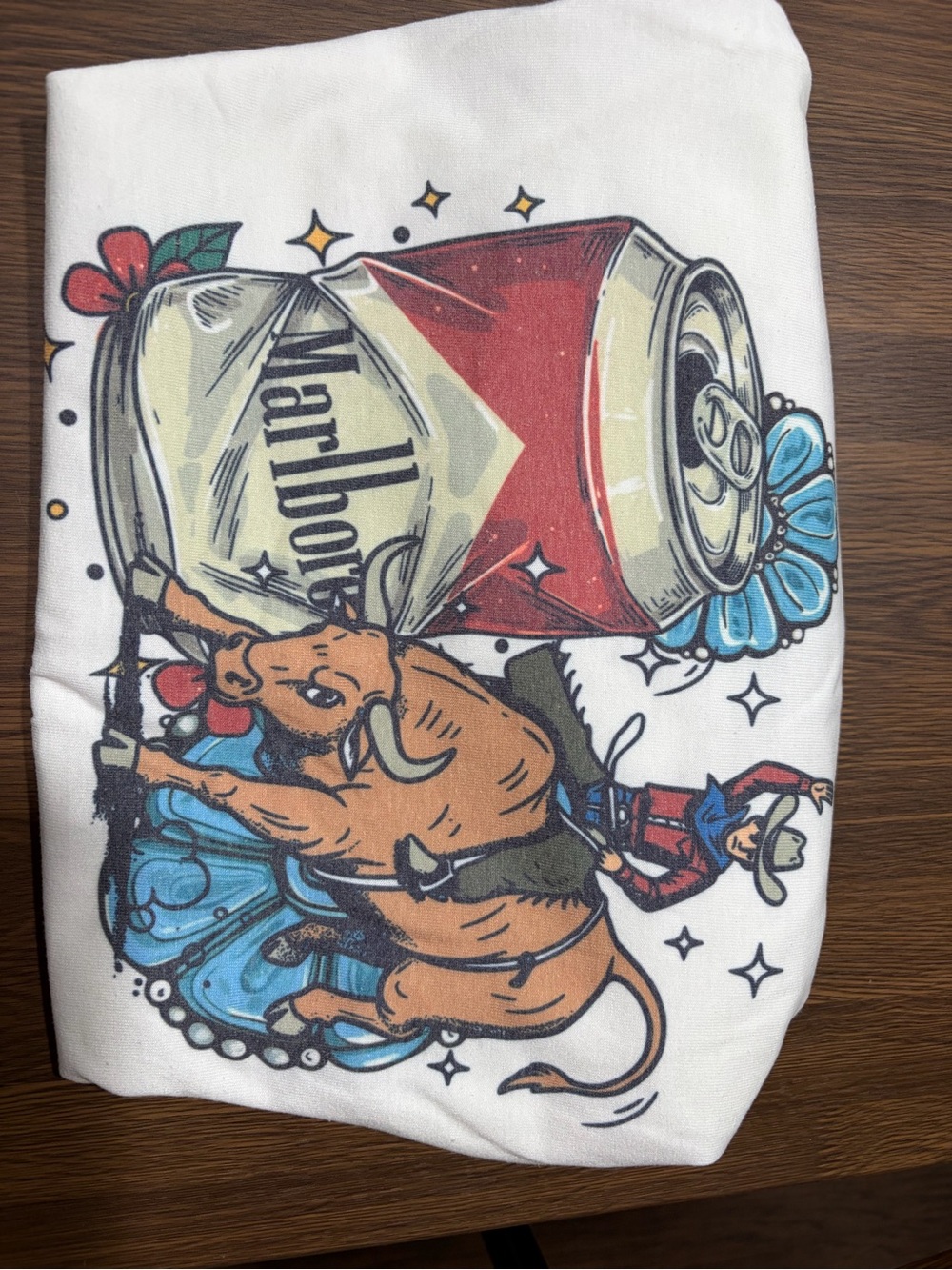 Marlboro White Tee with Red, Blue & Brown Graphic